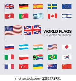 Waving flags of the world. Collection of flags - full set of national flags. Set of world sovereign state flags. Vector illustration.