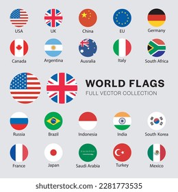 Waving flags of the world. Collection of flags - full set of national flags. Set of world sovereign state flags. Vector illustration.