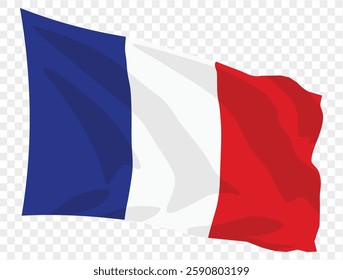 Waving France flag isolated on transparent PNG background. Perfect for designs, presentations, or digital projects, showcasing the iconic blue, white, and red tricolor symbolizing.vector