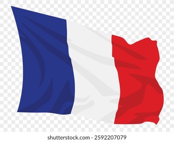 Waving France flag isolated on transparent PNG background. Perfect for designs, presentations, or digital projects, showcasing the iconic blue, white, and red tricolor symbolizing.vector