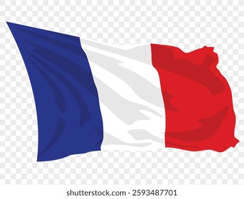 Waving France flag isolated on transparent PNG background. Perfect for designs, presentations, or digital projects, showcasing the iconic blue, white, and red tricolor symbolizing.vector