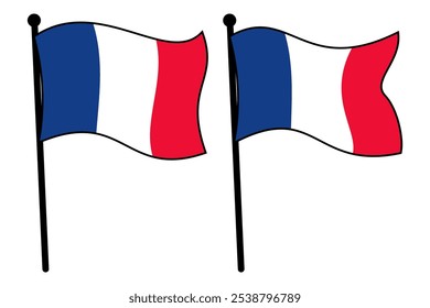 Waving France Flag on Flagpole, Isolated on White Background, Flat Style Vector Illustration, Scalable EPS File for Graphic Design and Print Projects