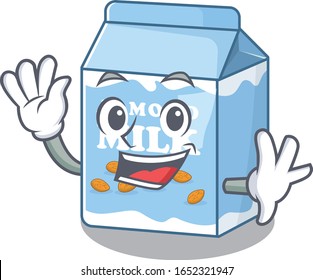 Waving friendly almond milk mascot design style