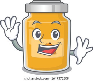 Waving friendly in apricot mascot design style