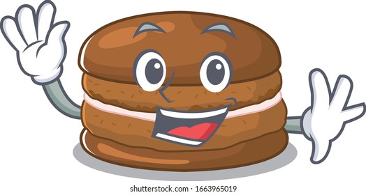 Waving friendly chocolate macaron mascot design style