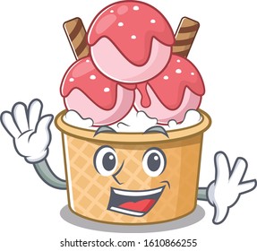 Waving friendly ice cream sundae cartoon character design