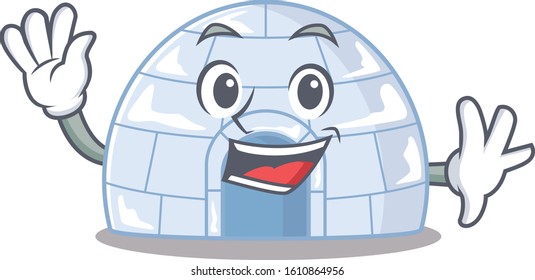 Waving friendly igloo cartoon character in design