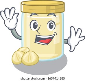 Waving friendly macadamia nut butter mascot design style