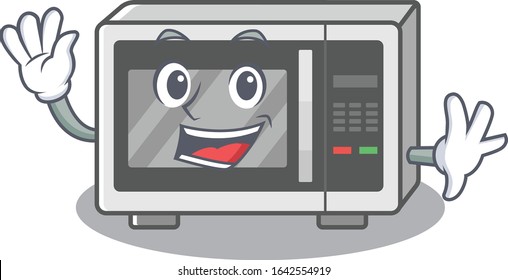 Waving friendly microwave in mascot design style