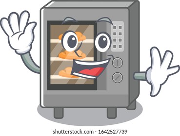 Waving friendly oven cake mascot design style