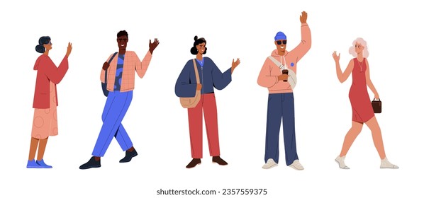 Waving friendly people set. Happy young and old characters greeting with hi gesture. Modern smiling men and women in trendy clothes. Cartoon flat vector collection isolated on white background