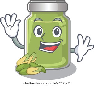 Waving friendly pistachio butter mascot design style