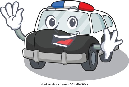 Waving friendly police car mascot design style