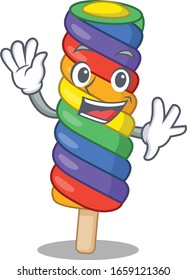 Waving friendly rainbow ice cream mascot design style
