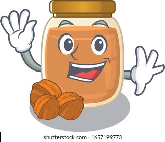 Waving friendly walnut butter mascot design style