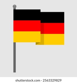 Waving German flag on a gray flagpole. Vector decorative element