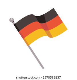 Waving German flag on a pole, simple flat graphic design, isolated on white background. Symbol of Germany s national identity. Vector illustration