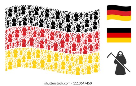 Waving German flag. Vector death scytheman design elements are arranged into conceptual Germany flag composition. Patriotic collage organized of flat death scytheman pictograms.