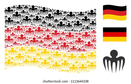 Waving German flag. Vector spectre octopus icons are combined into geometric Germany flag illustration. Patriotic collage organized of flat spectre octopus pictograms.