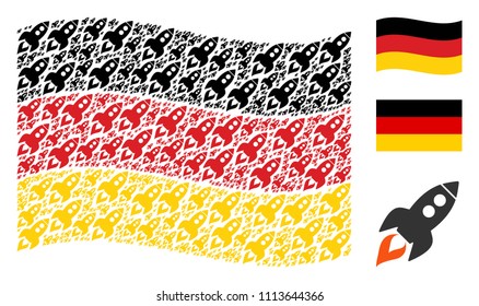 Waving German state flag. Vector space rocket launch elements are united into geometric German flag illustration. Patriotic collage created of flat space rocket launch design elements.