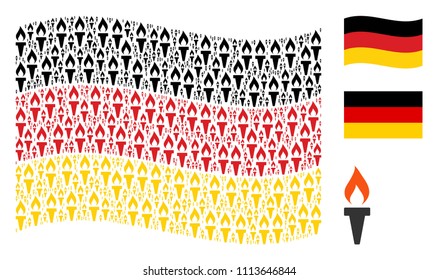 Waving German state flag. Vector fire torch elements are placed into geometric Germany flag collage. Patriotic illustration done of flat fire torch pictograms.