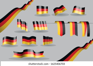 Waving Germany banners and 3 bookmarks in the colors of the flag - black, red, yellow, many 9 flags - vector illustration for memorial, labor day or any national celebration