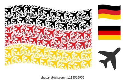 Waving Germany flag. Vector air plane items are combined into mosaic Germany flag illustration. Patriotic composition organized of flat air plane elements.