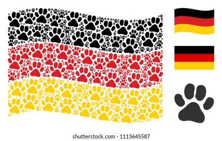 Waving Germany state flag. Vector paw footprint elements are arranged into mosaic German flag collage. Patriotic illustration done of flat paw footprint pictograms.