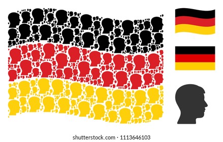 Waving Germany state flag. Vector man head profile icons are placed into mosaic Germany flag abstraction. Patriotic composition designed of flat man head profile elements.