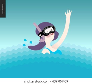 Waving girl in diving mask in the water - a waving scuba diver girl wearing diving mask, snorkel and blue swimming suit coming up from the sea waves