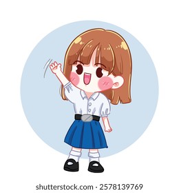 Waving Girl in Uniform Cartoon Illustration