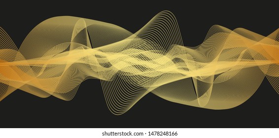 Waving Golden Digital Sound Wave on Black Background,technology and earthquake wave diagram concept,design for music studio and science,Vector Illustration.