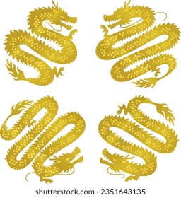 Waving golden dragons silhouette illustration set