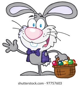 Waving Gray Bunny With Easter Eggs And Basket