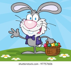Waving Gray Bunny With Easter Eggs