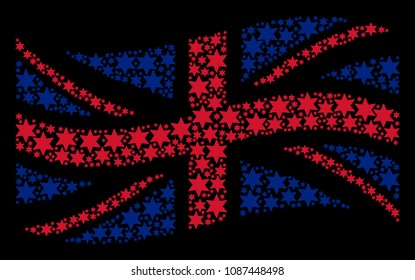 Waving Great Britain flag collage organized of fireworks star icons. Vector fireworks star icons are formed into geometric UK flag abstraction.