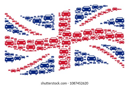 Waving Great Britain flag composition constructed of car design elements. Vector car elements are formed into geometric Great Britain flag collage.
