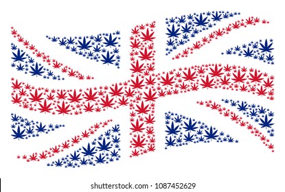 Waving Great Britain flag composition made of cannabis icons. Vector cannabis design elements are united into conceptual Great Britain flag illustration.