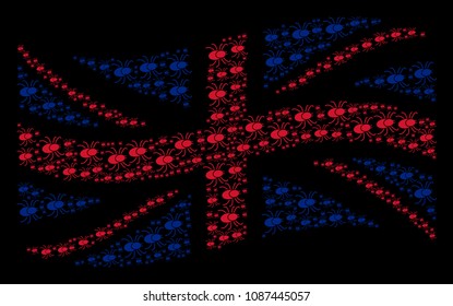 Waving Great Britain flag concept combined of mite tick design elements. Vector mite tick elements are organized into mosaic UK flag composition.