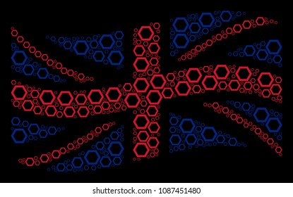 Waving Great Britain flag concept constructed of contour hexagon design elements. Vector contour hexagon elements are organized into mosaic United Kingdom flag abstraction.