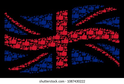 Waving Great Britain official flag pattern designed of thumb up design elements. Vector thumb up items are formed into mosaic English flag composition.