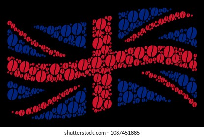 Waving Great Britain official flag mosaic organized of coffee bean elements. Vector coffee bean pictograms are united into conceptual United Kingdom flag illustration.