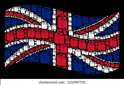 Waving Great Britain official flag on a black background. Vector toilet paper roll design elements are formed into geometric British flag abstraction.