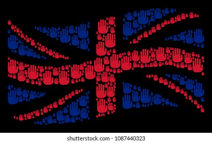Waving Great Britain state flag mosaic designed of stop hand icons. Vector stop hand icons are composed into geometric United Kingdom flag abstraction.