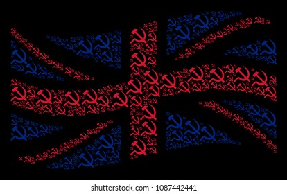 Waving Great Britain state flag collage made of sickle and hammer icons. Vector sickle and hammer items are composed into geometric British flag abstraction.