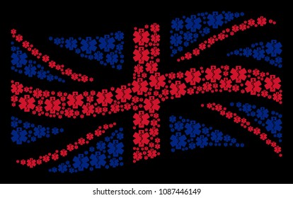 Waving Great Britain state flag pattern designed of life star design elements. Vector life star elements are organized into mosaic English flag abstraction.