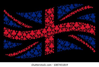 Waving Great Britain state flag concept constructed of clubs suit pictograms. Vector clubs suit elements are combined into mosaic UK flag abstraction.