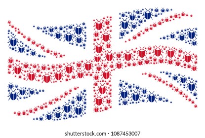 Waving Great Britain state flag collage constructed of bug icons. Vector bug elements are organized into geometric English flag abstraction.