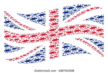 Waving Great Britain state flag pattern designed of barbed wire pictograms. Vector barbed wire design elements are united into mosaic Great Britain flag composition.