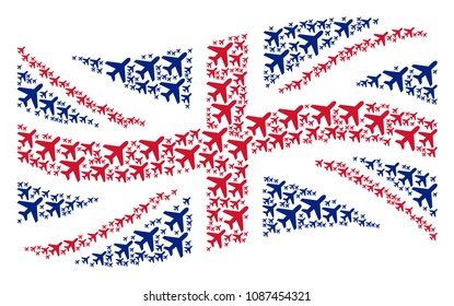 Waving Great Britain state flag pattern constructed of air plane pictograms. Vector air plane design elements are combined into conceptual United Kingdom flag illustration.